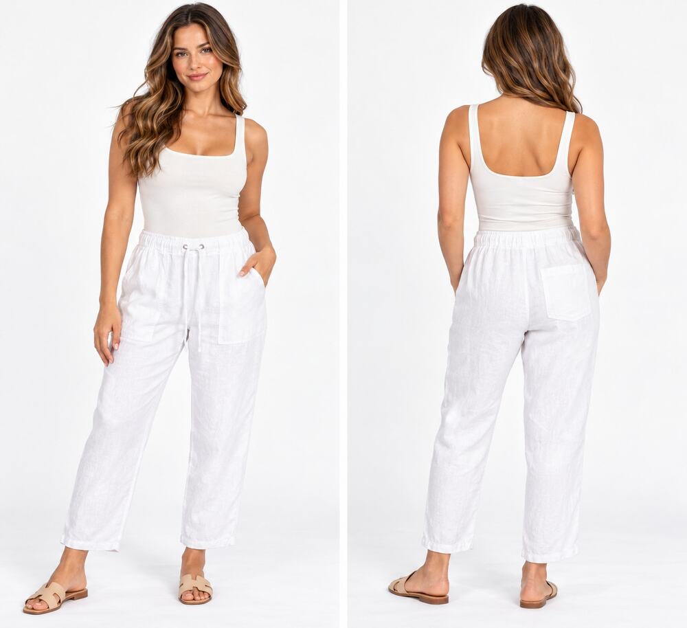 Saks Fifth Avenue 100% Linen Drawstring Pants XL White Pull-On Ankle